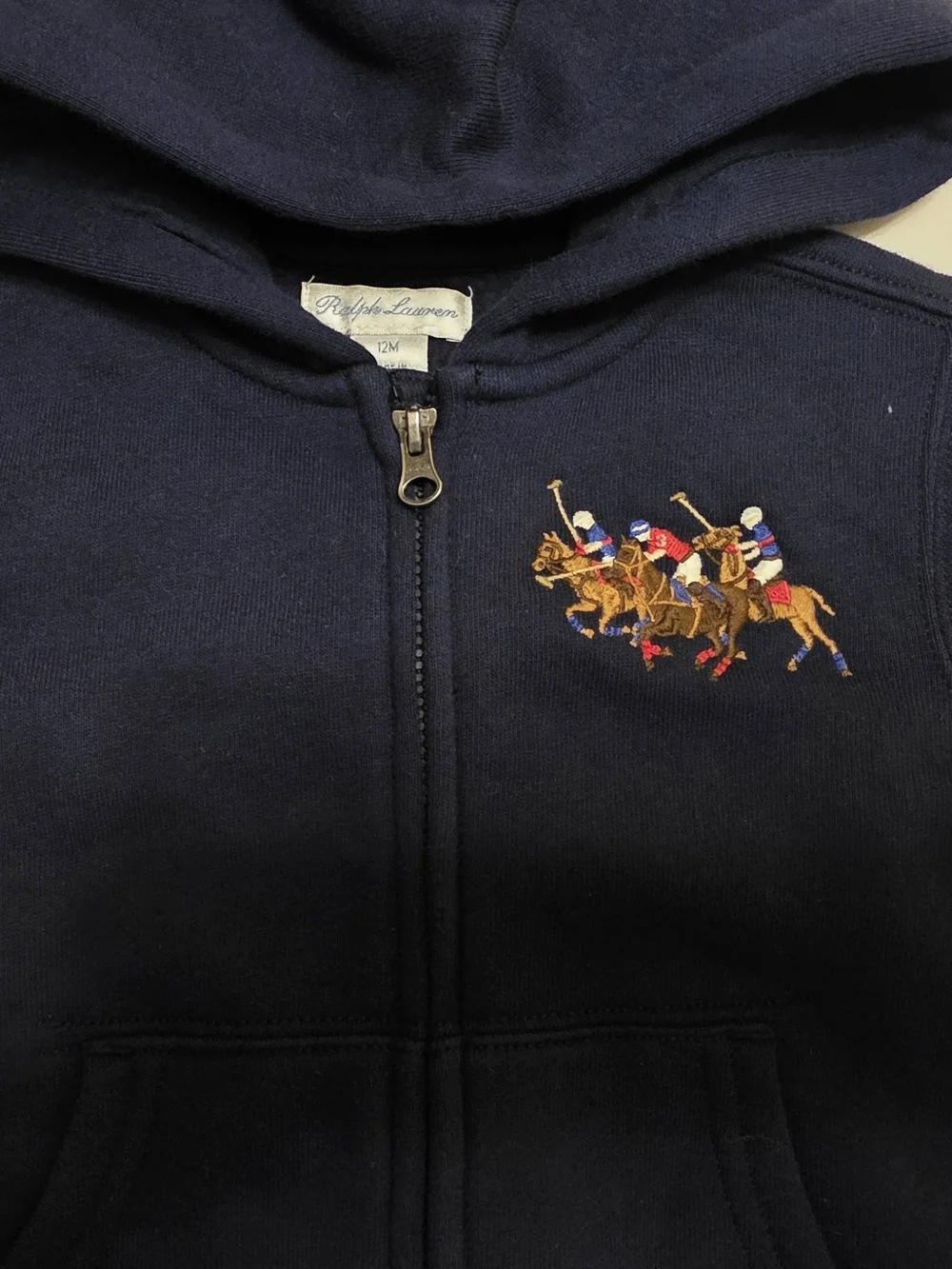 Ralph Lauren Navy Kids Hooded Zip Sweatshirt with Polo Players Size 12m